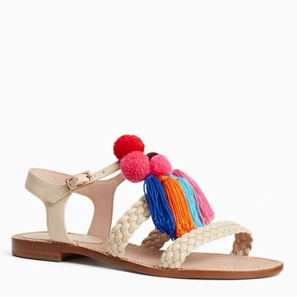 Kate Spade Sunset Woven Nappa Tassels Flat Sandals 6.5